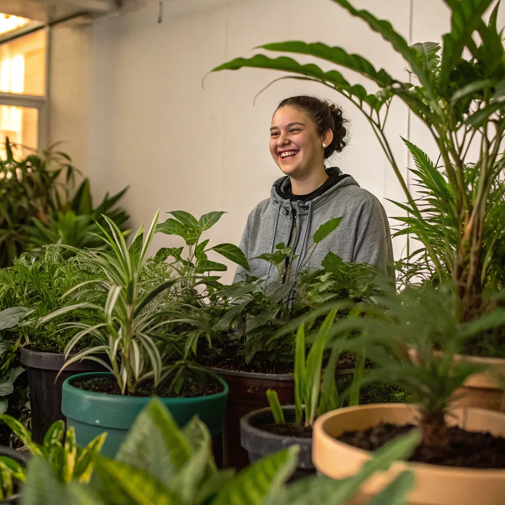 Happy student surrounded by assorted potted plants