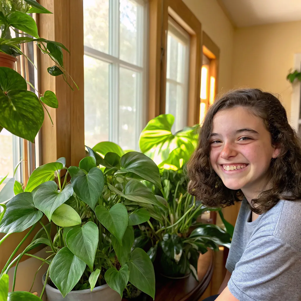 Satisfied student smiling with healthy indoor plants